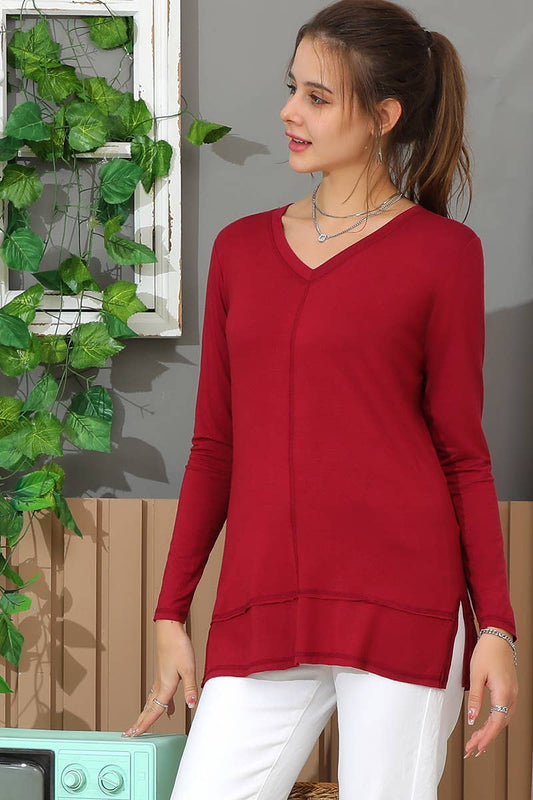 CWTTL1473_Casual V-Neck Loose Fit Long Sleeve Tops