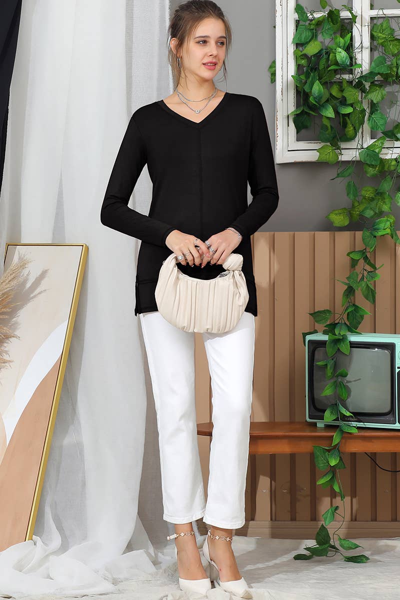 CWTTL1473_Casual V-Neck Loose Fit Long Sleeve Tops