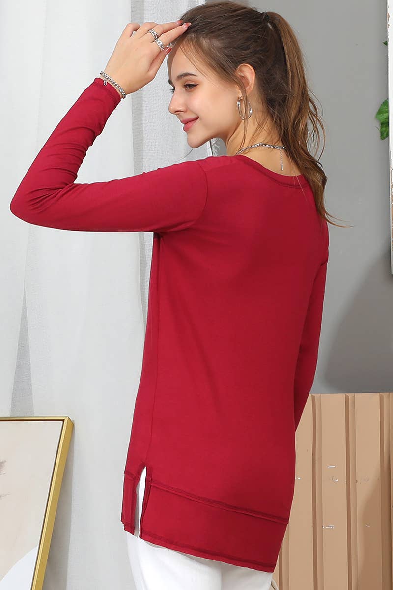 CWTTL1473_Casual V-Neck Loose Fit Long Sleeve Tops