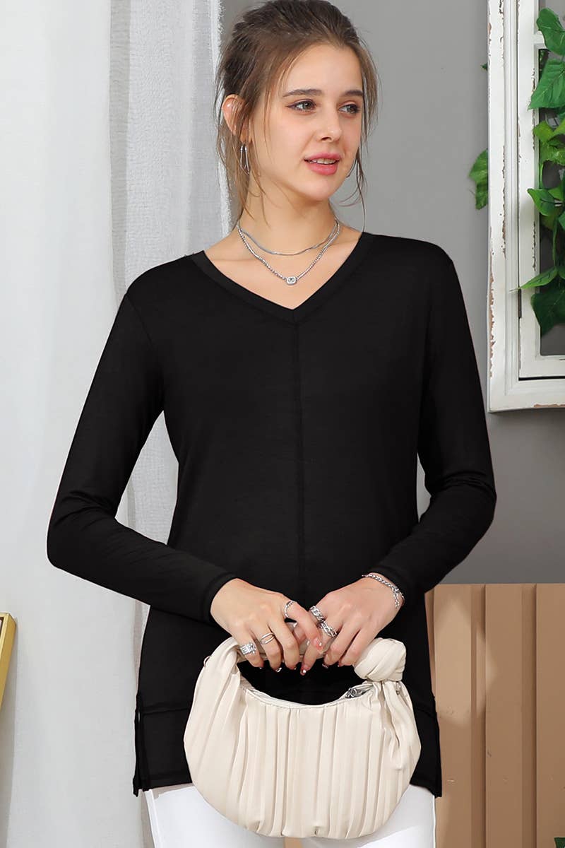 CWTTL1473_Casual V-Neck Loose Fit Long Sleeve Tops