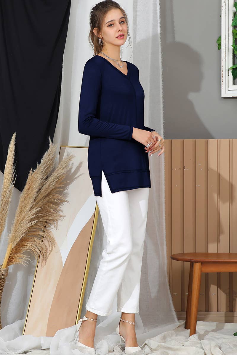 CWTTL1473_Casual V-Neck Loose Fit Long Sleeve Tops