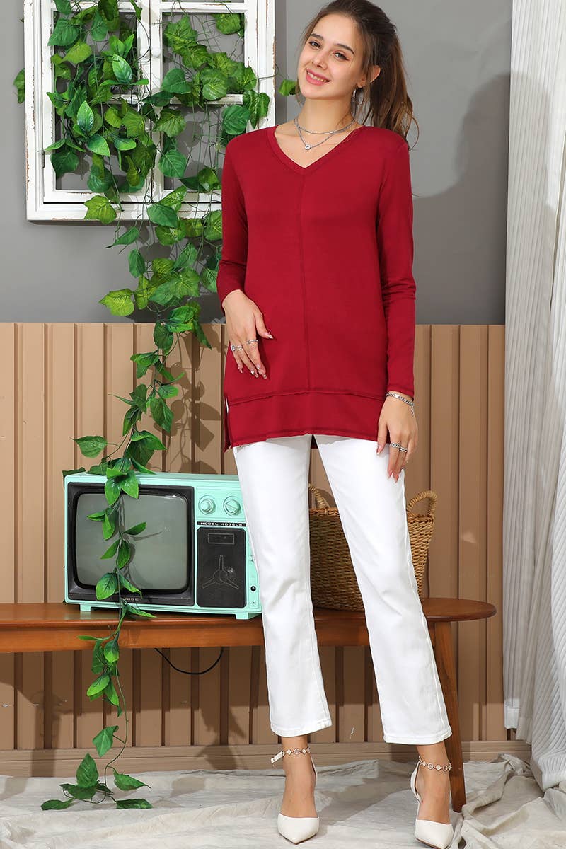 CWTTL1473_Casual V-Neck Loose Fit Long Sleeve Tops